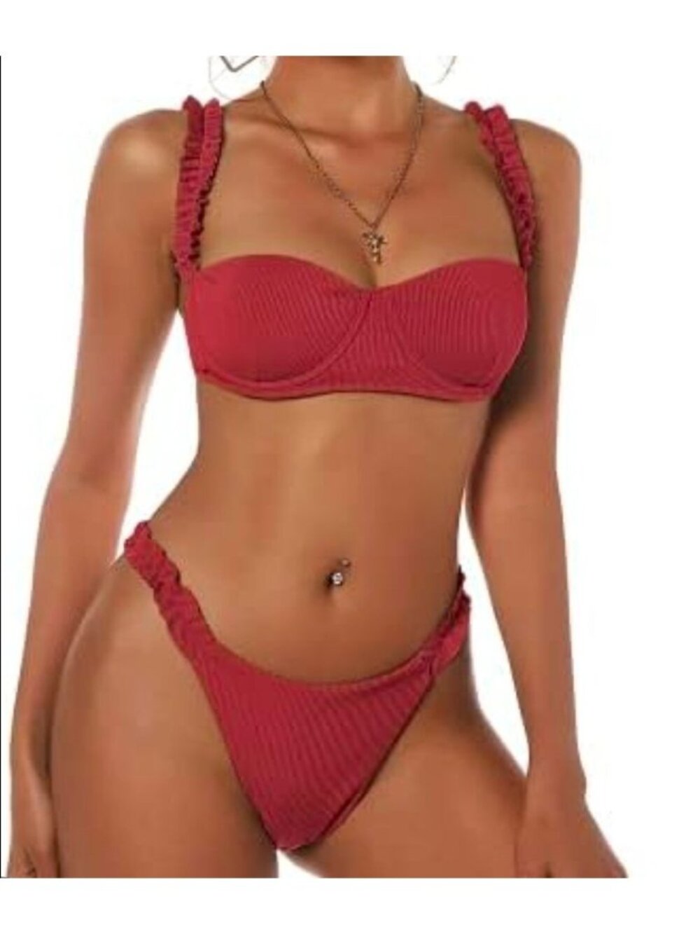 Zaful Ribbed Bikini Set W/ Ruffled Straps & High-Leg Bottoms Cranberry Size M